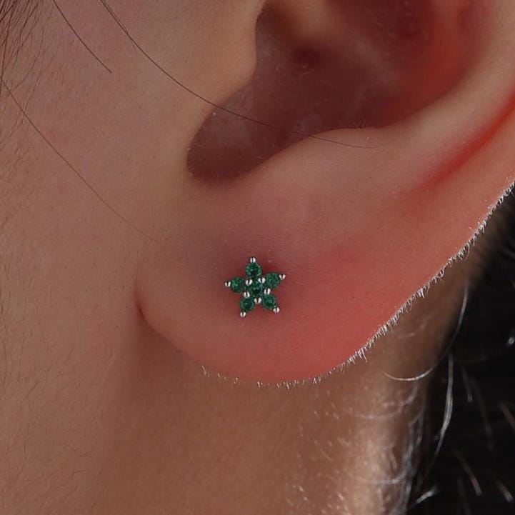 Emerald Green Flower CZ Screw Back Earrings in Sterling Silver, Forget Me Not Floral CZ Earrings, Silver or Gold, Flower CZ Earrings