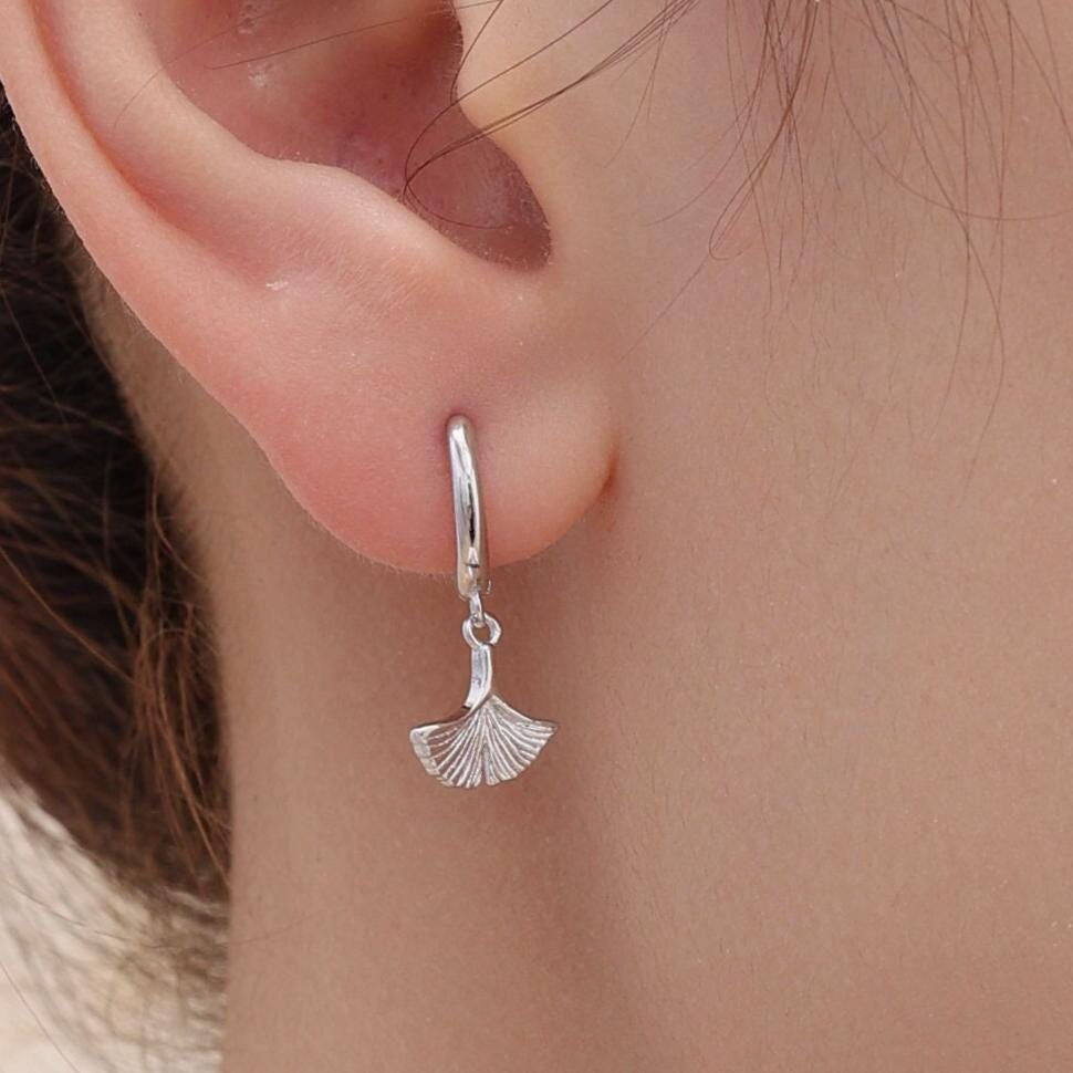 Sterling Silver Ginkgo Leaf Hoops Earrings, Silver or Gold or Rose Gold, Ginkgo Leaf Earrings, Leaf Earrings