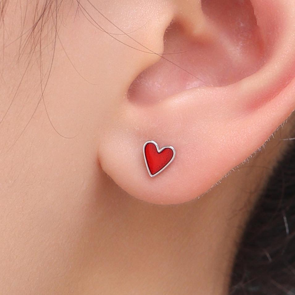 Red Enamel Glaze Heart Screwback Earrings in Sterling Silver, Delicate Heart Earrings, Heart Barbell Earrings, Screw Back