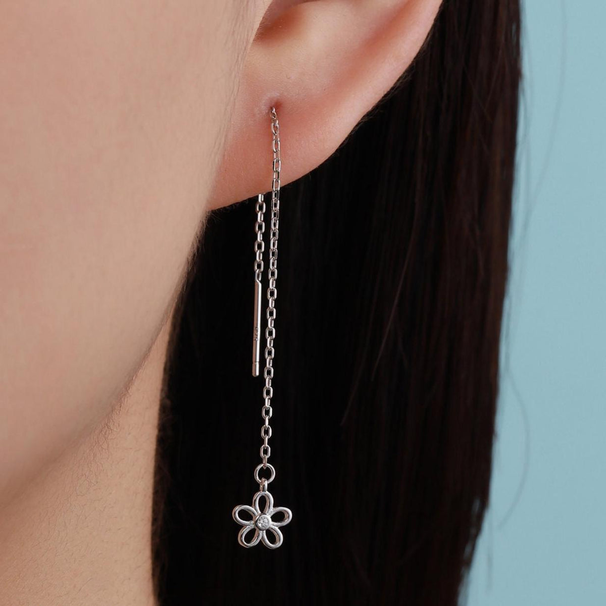 Sterling Silver Tiny Forget Me Not Flower Long Ear Threaders, Flower Threader Earrings, Daily Dangle Earrings, Daisy Earrings