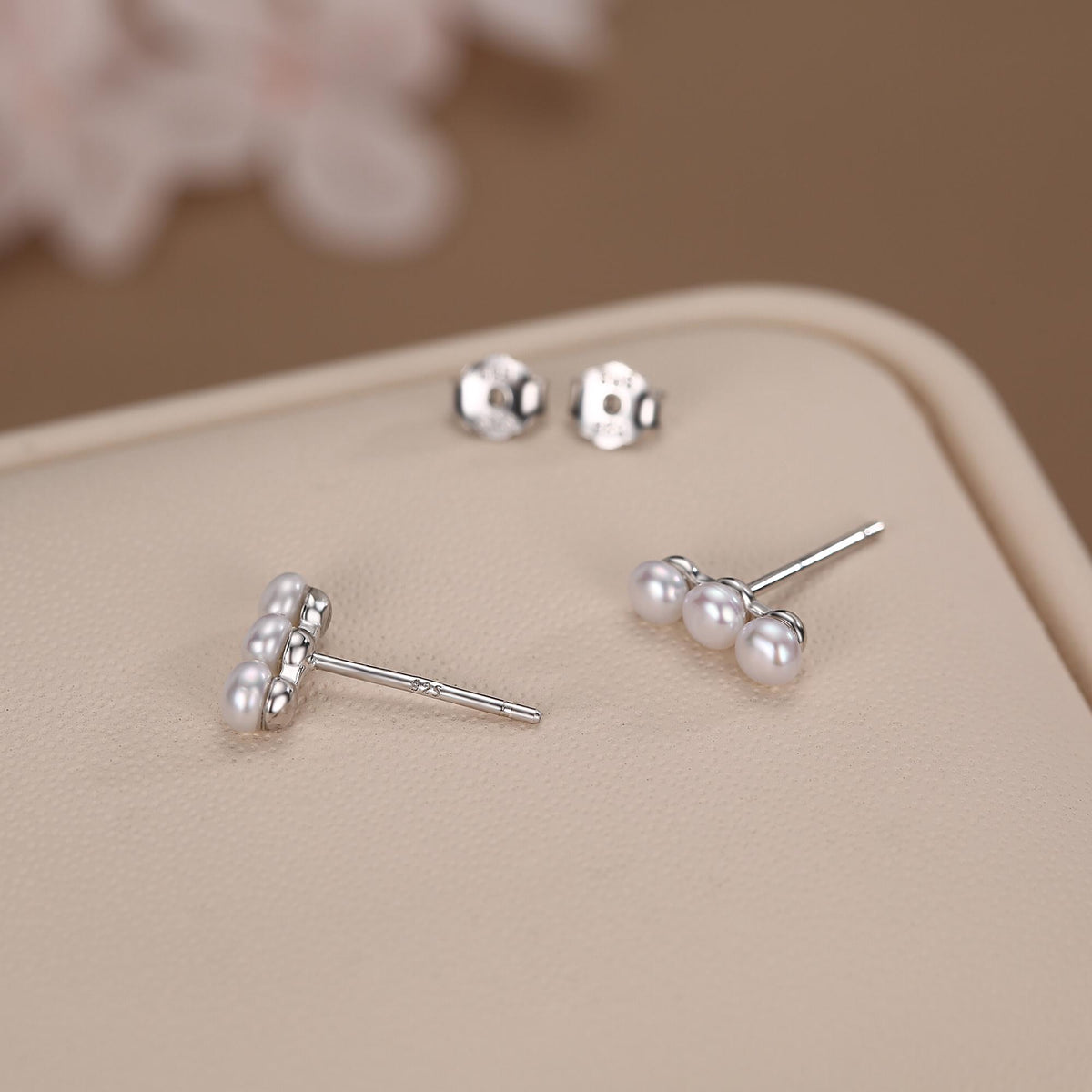 Natural Pearl Trio Stud Earrings in Sterling Silver, Freshwater Pearl Bar Earrings, Silver or Gold or Rose Gold, Pearl Earrings, Pearl Stud