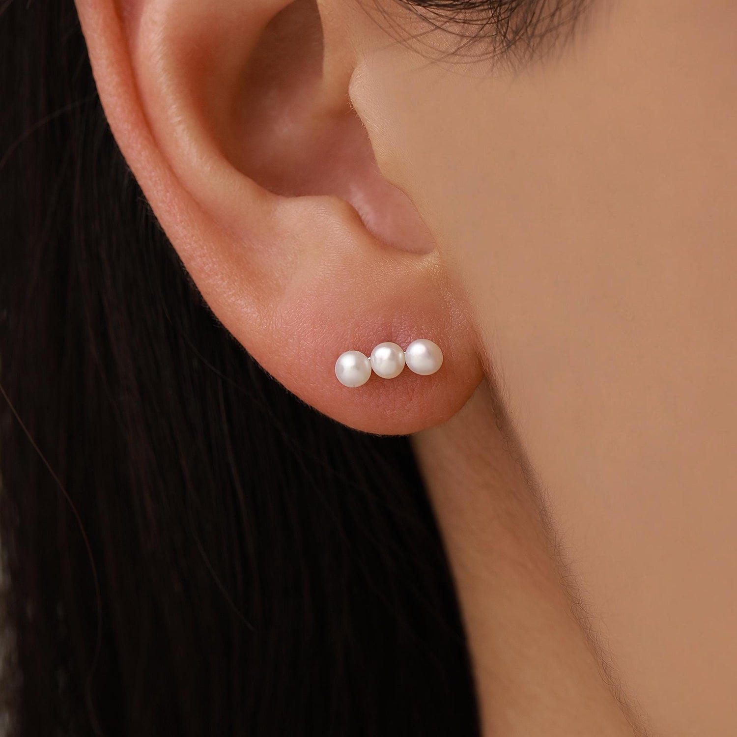 Natural Pearl Trio Stud Earrings in Sterling Silver, Freshwater Pearl Bar Earrings, Silver or Gold or Rose Gold, Pearl Earrings, Pearl Stud