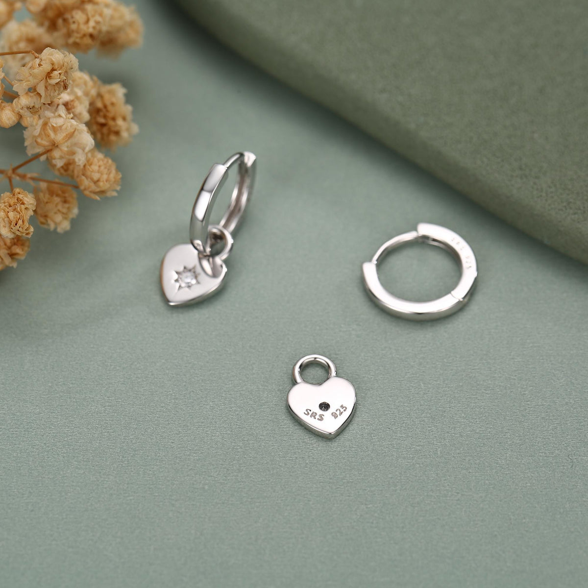 Sterling Silver Starburst Heart Hoop Earrings, Detachable Heart Charm Hoop Earrings, Silver or Gold, Interchangeable and detachable