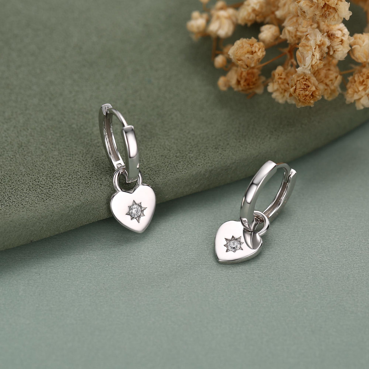 Sterling Silver Starburst Heart Hoop Earrings, Detachable Heart Charm Hoop Earrings, Silver or Gold, Interchangeable and detachable