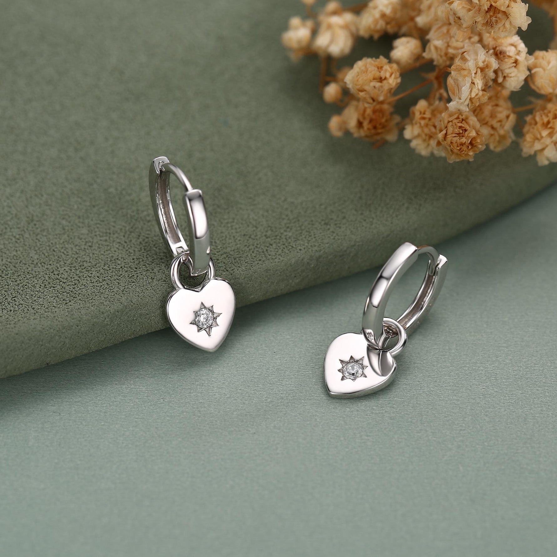 Sterling Silver Starburst Heart Hoop Earrings, Detachable Heart Charm Hoop Earrings, Silver or Gold, Interchangeable and detachable