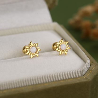 Sterling Silver Opal Sun 18G Screw Back Earrings with Ball Backs