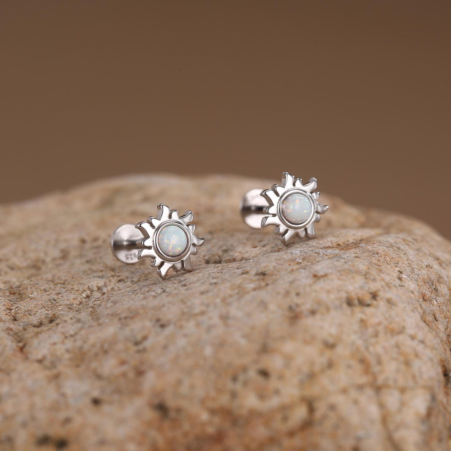 Sterling Silver Opal Sun 16G Flat Back Earrings