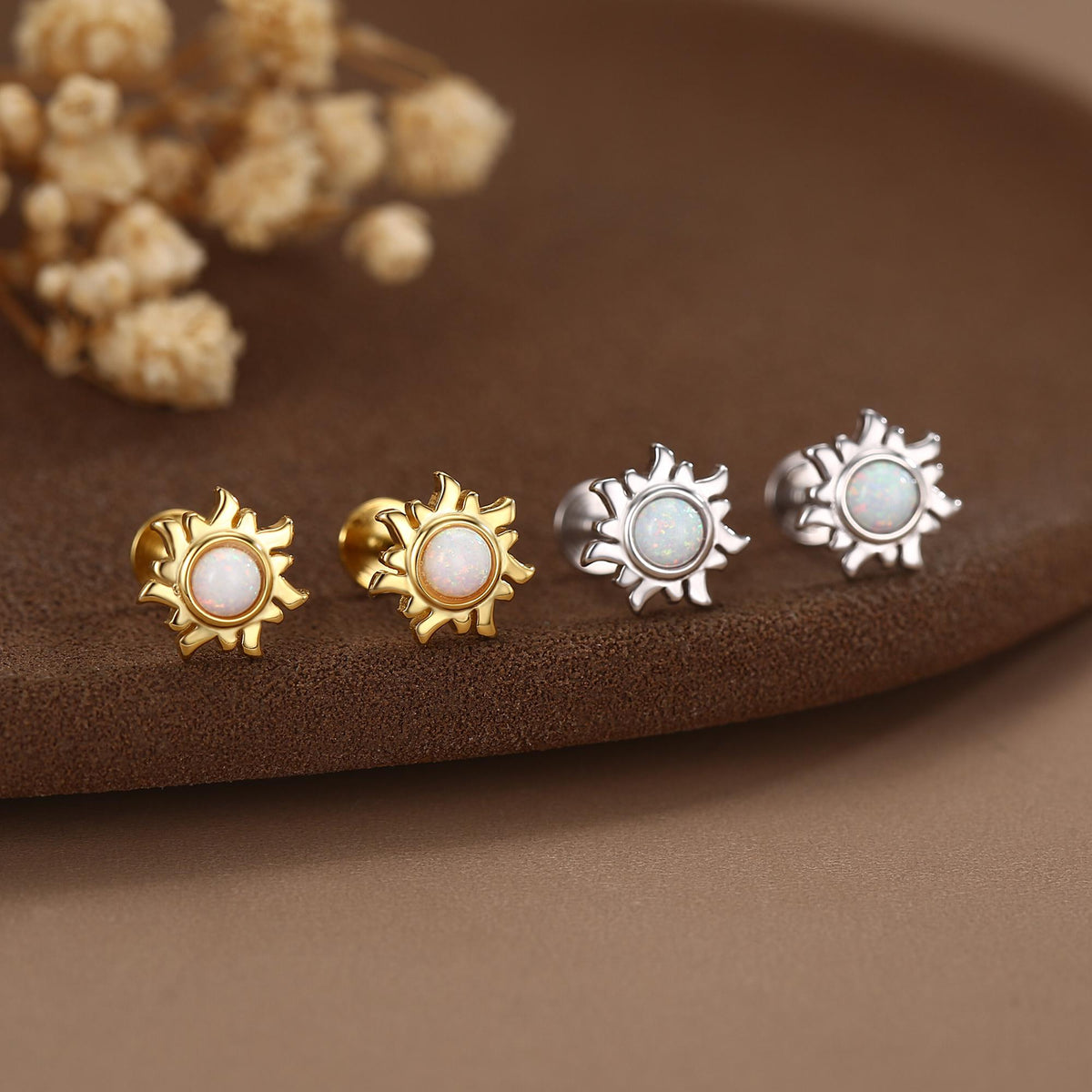 Sterling Silver Opal Sun 16G Flat Back Earrings
