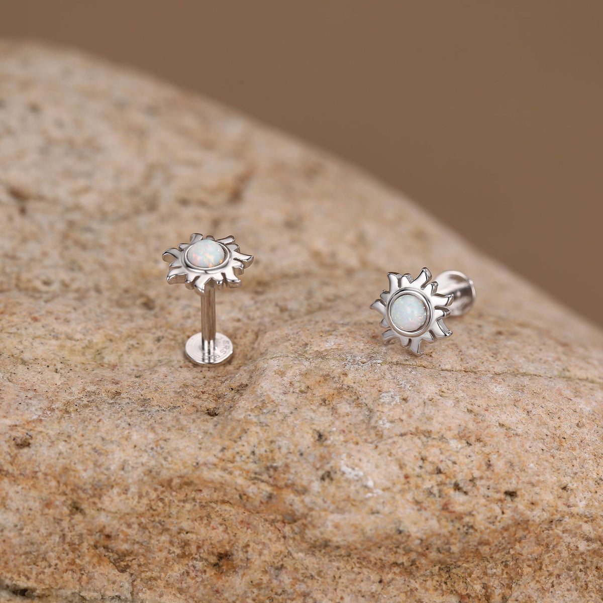 Sterling Silver Opal Sun 16G Flat Back Earrings