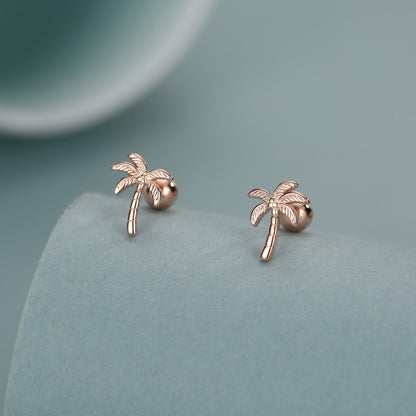 Sterling Silver Palm Tree 18G Screw Back Earrings with Ball Backs