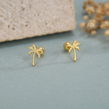 Sterling Silver Palm Tree 18G Screw Back Earrings with Ball Backs
