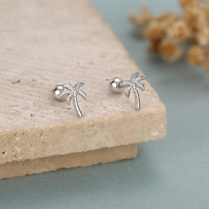 Sterling Silver Palm Tree 18G Screw Back Earrings with Ball Backs
