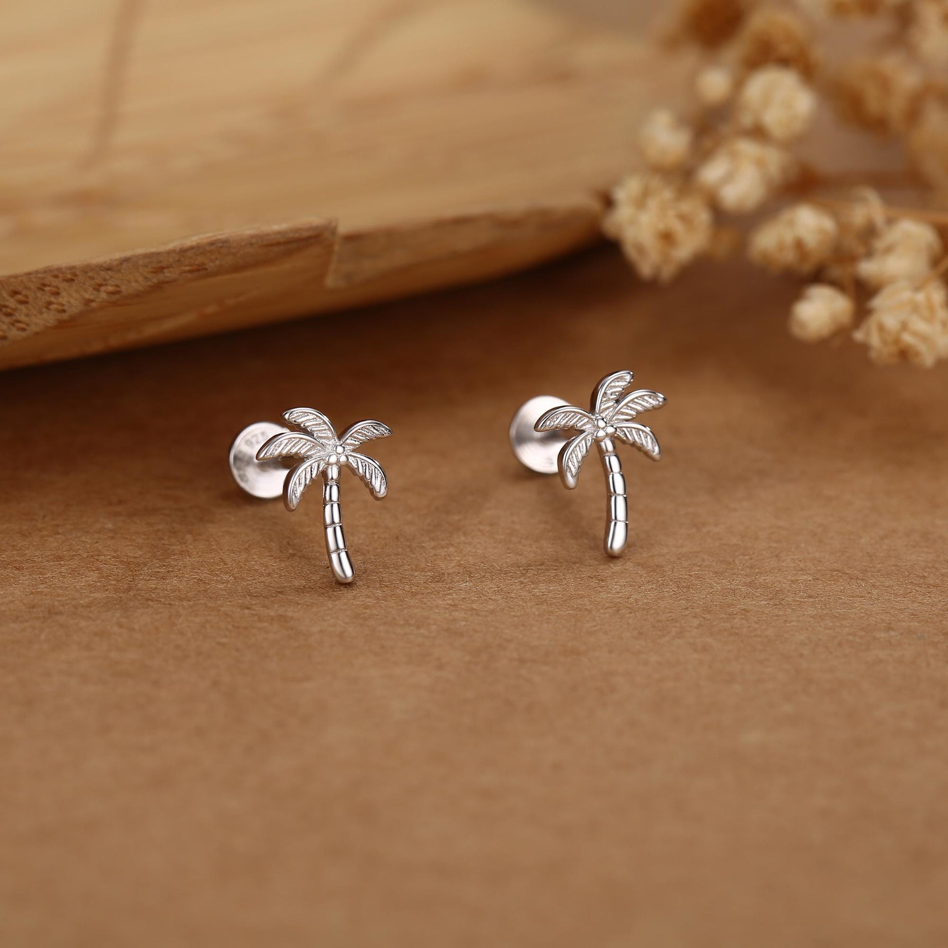 Palm Tree 16G Flat Back Earrings in Sterling Silver
