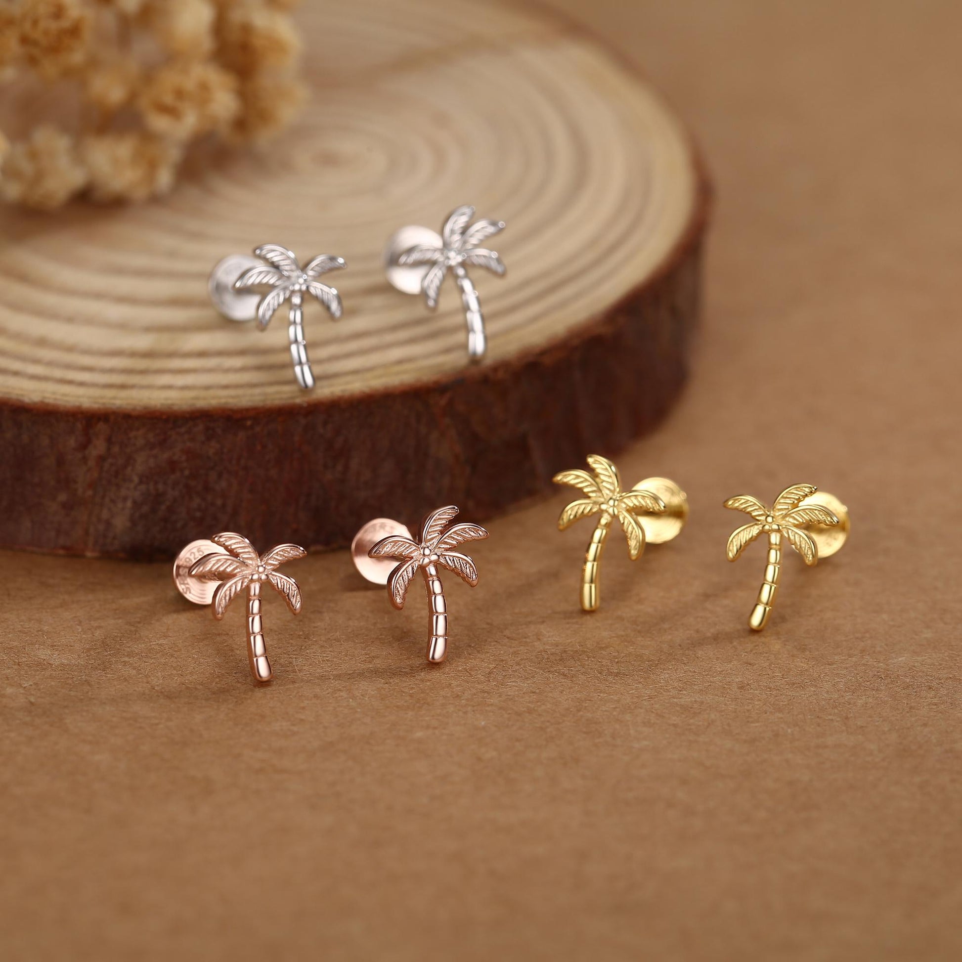 Palm Tree 16G Flat Back Earrings in Sterling Silver