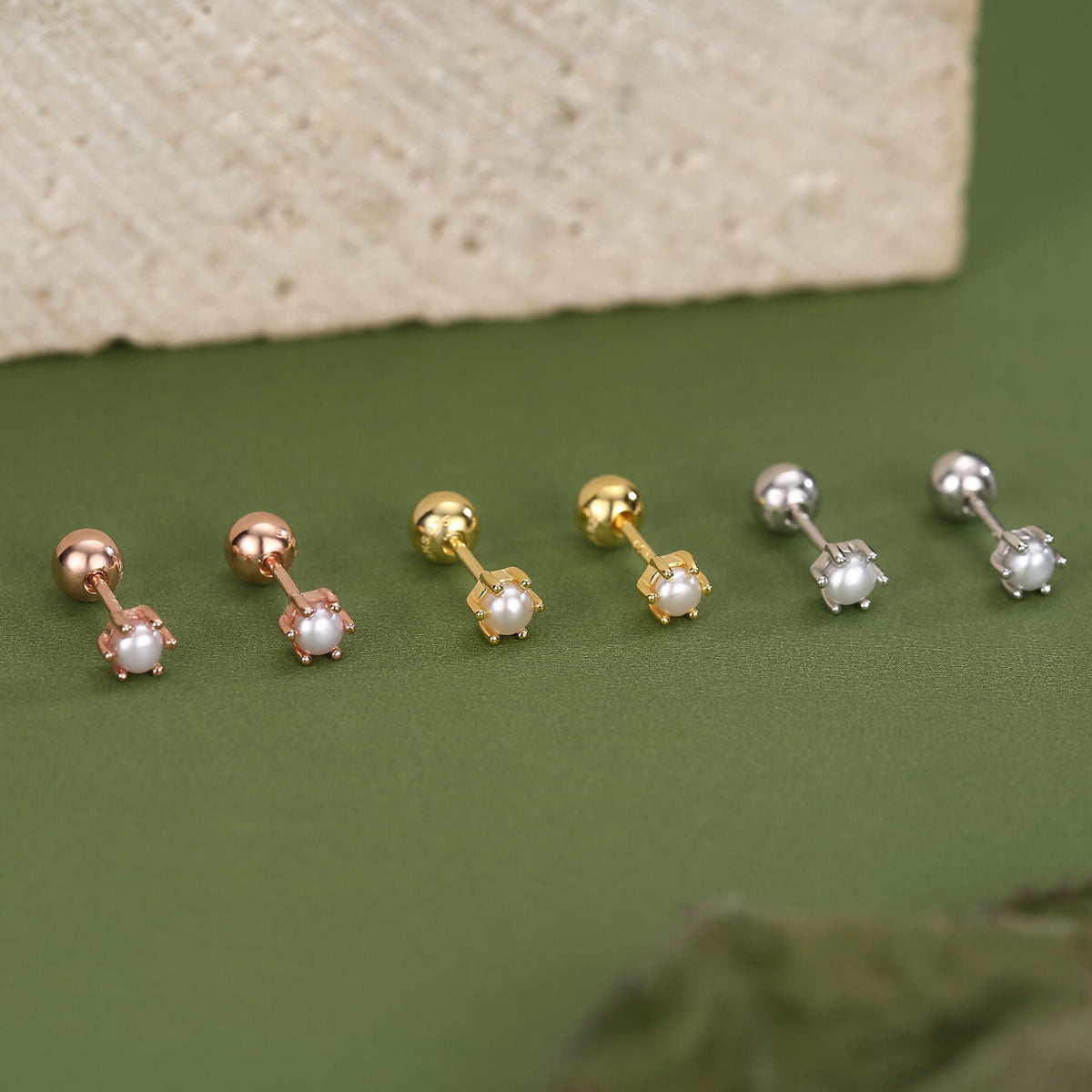 Sterling Silver Tiny Pearl 18G Screw Back Earrings with Ball Backs