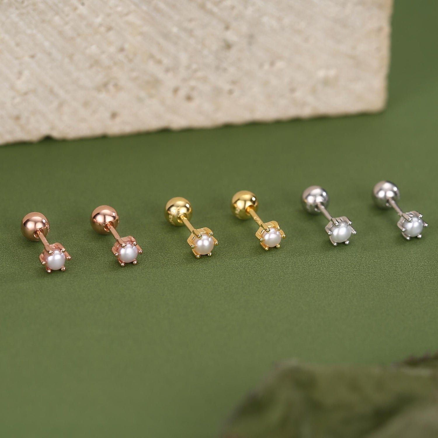 Sterling Silver Tiny Pearl 18G Screw Back Earrings with Ball Backs