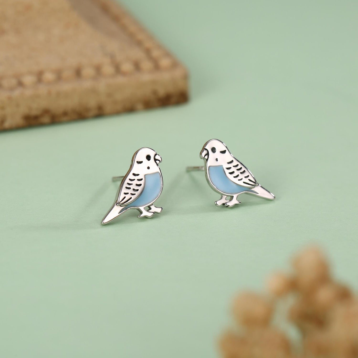 Sterling Silver Blue Enamel Budgie Stud Earring