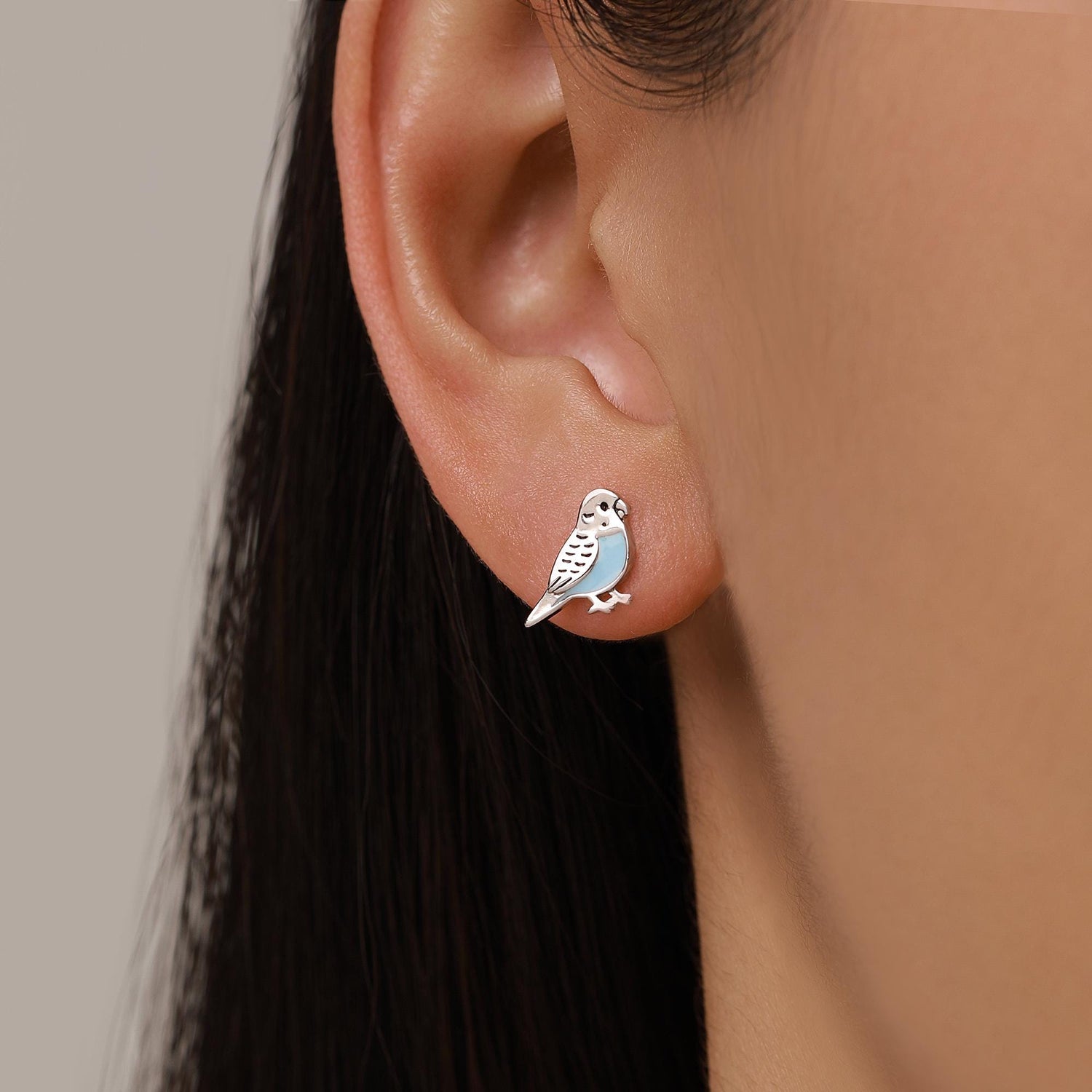 Sterling Silver Blue Enamel Budgie Stud Earring
