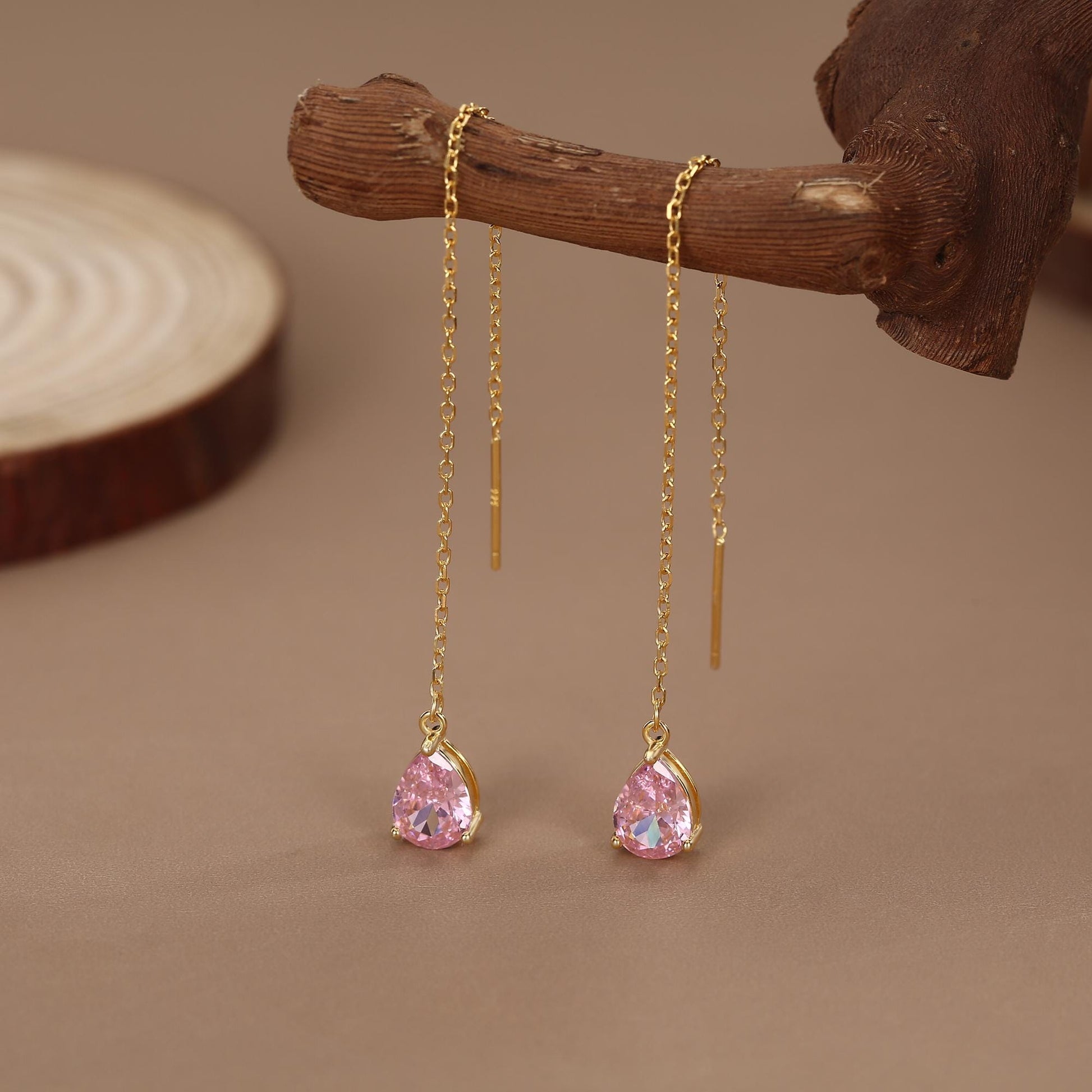 Tourmaline Pink CZ Droplet Threader Earrings in Sterling Silver, Silver or Gold, Pear Cut CZ Long Ear Threaders, Sparkly CZ Threaders
