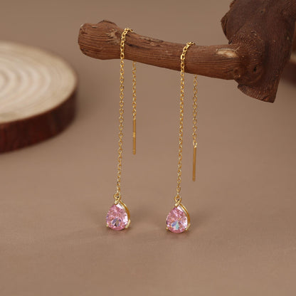 Tourmaline Pink CZ Droplet Threader Earrings in Sterling Silver, Silver or Gold, Pear Cut CZ Long Ear Threaders, Sparkly CZ Threaders