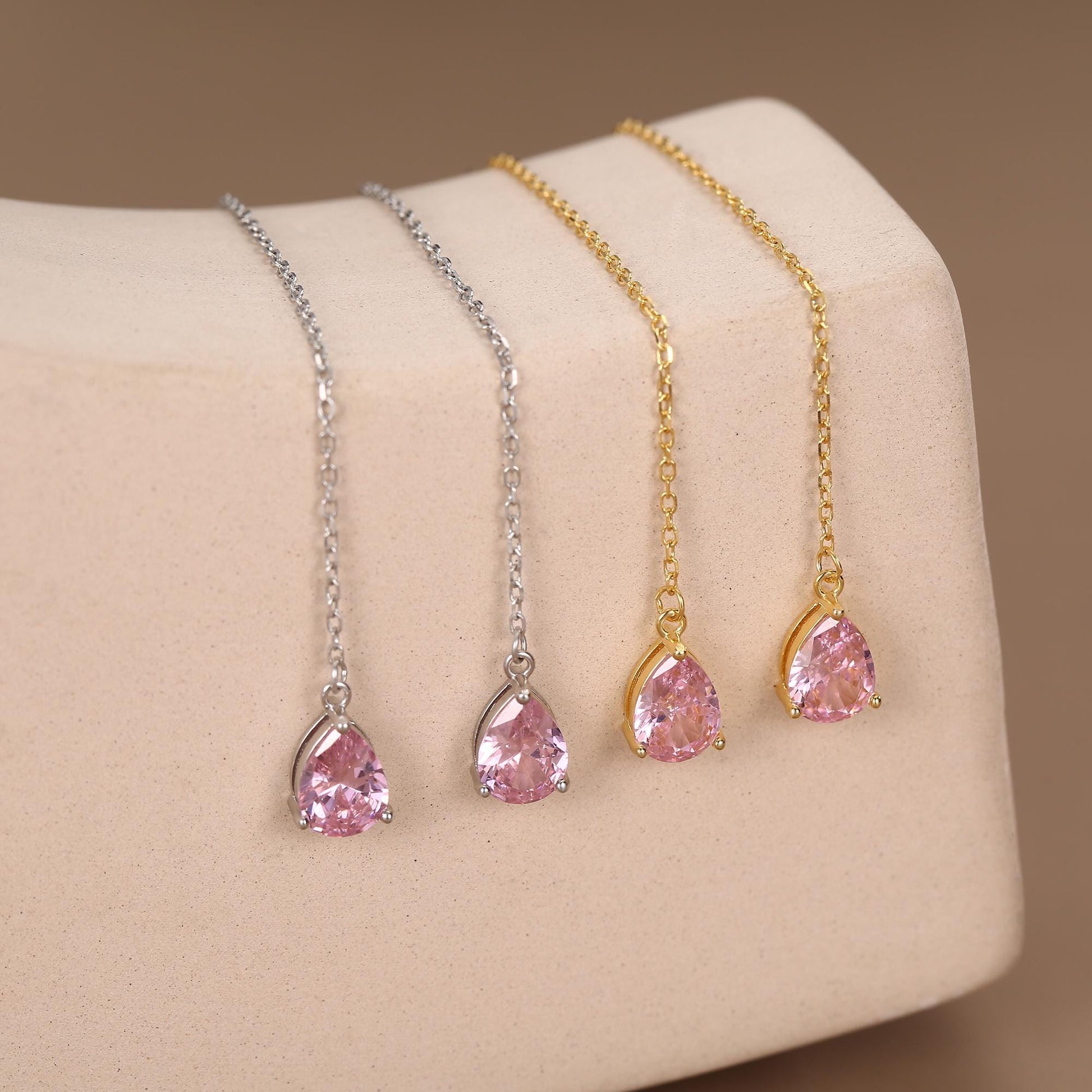 Tourmaline Pink CZ Droplet Threader Earrings in Sterling Silver, Silver or Gold, Pear Cut CZ Long Ear Threaders, Sparkly CZ Threaders