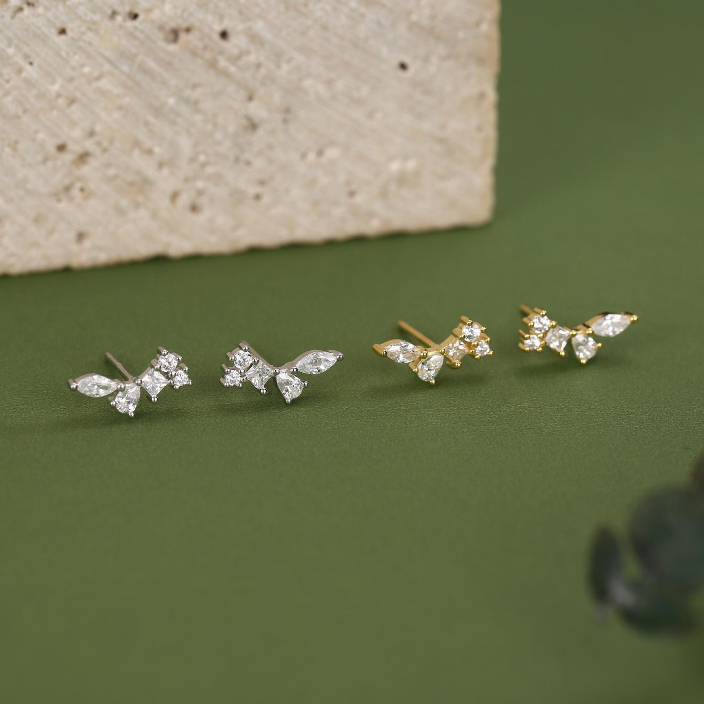 Clear CZ Cluster Stud Earrings in Sterling Silver, Silver or Gold, Geometric Marquise Cluster Earrings, CZ Wing Earrings, Mini Crawler