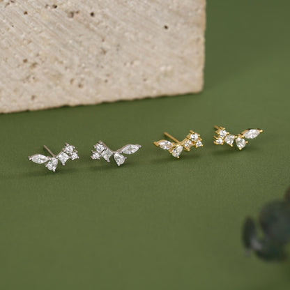 Clear CZ Cluster Stud Earrings in Sterling Silver, Silver or Gold, Geometric Marquise Cluster Earrings, CZ Wing Earrings, Mini Crawler
