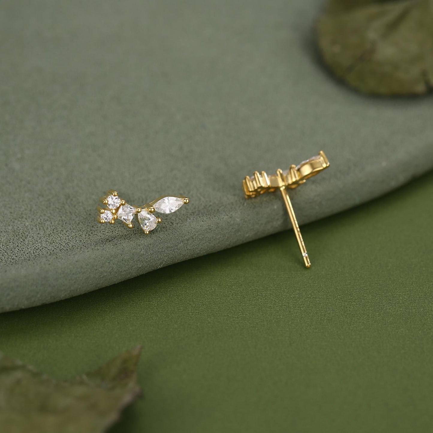 Clear CZ Cluster Stud Earrings in Sterling Silver, Silver or Gold, Geometric Marquise Cluster Earrings, CZ Wing Earrings, Mini Crawler