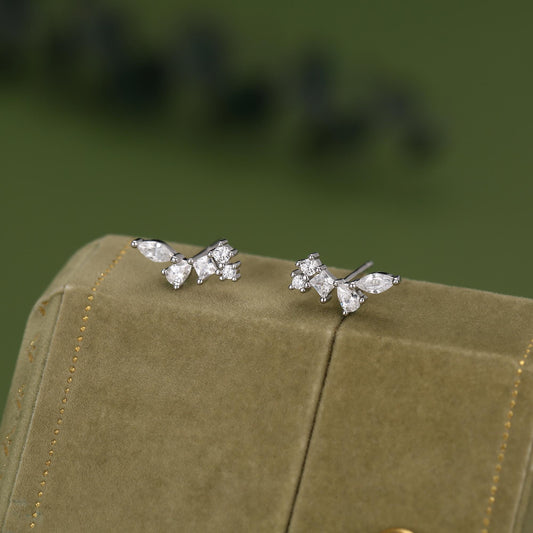 Clear CZ Cluster Stud Earrings in Sterling Silver, Silver or Gold, Geometric Marquise Cluster Earrings, CZ Wing Earrings, Mini Crawler