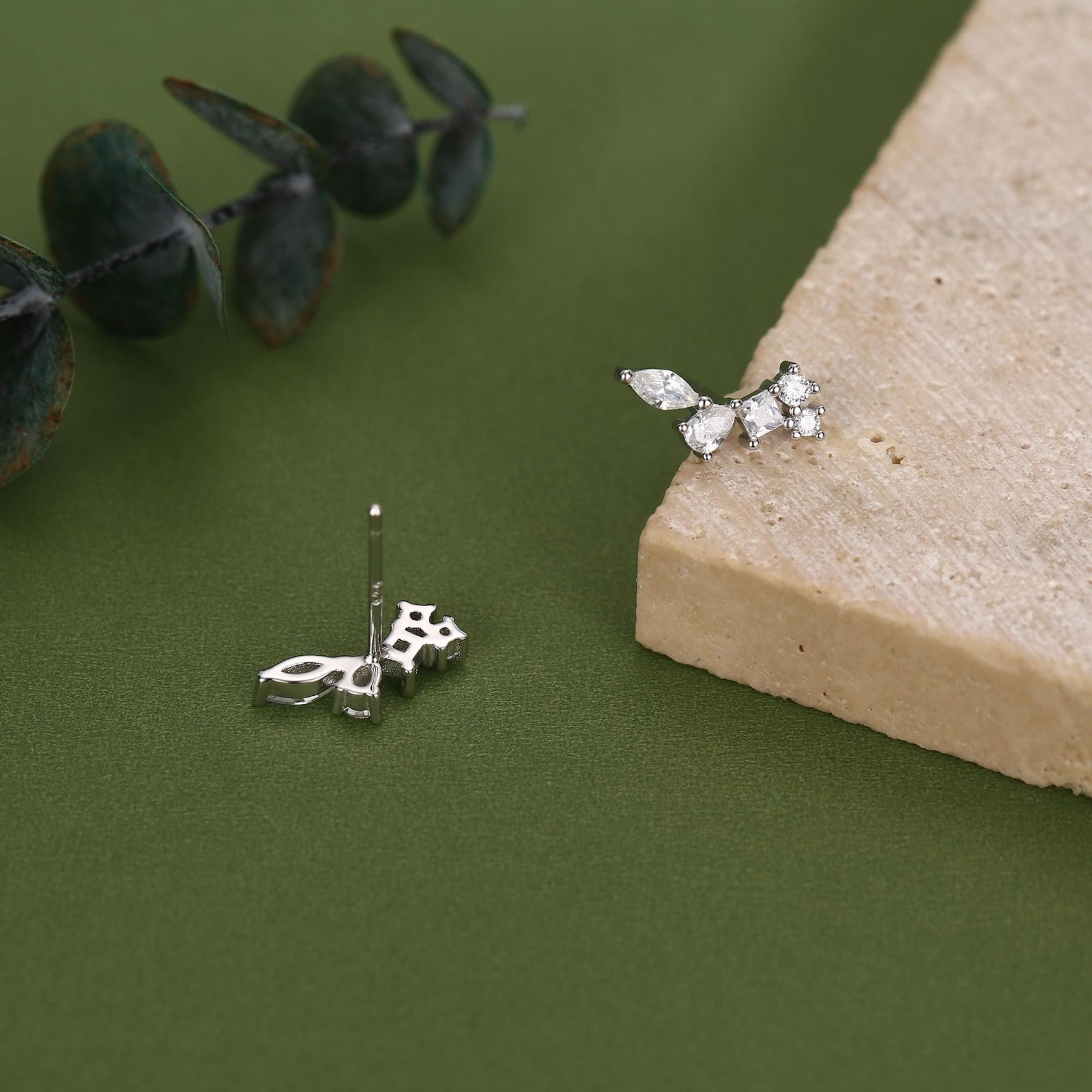 Clear CZ Cluster Stud Earrings in Sterling Silver, Silver or Gold, Geometric Marquise Cluster Earrings, CZ Wing Earrings, Mini Crawler