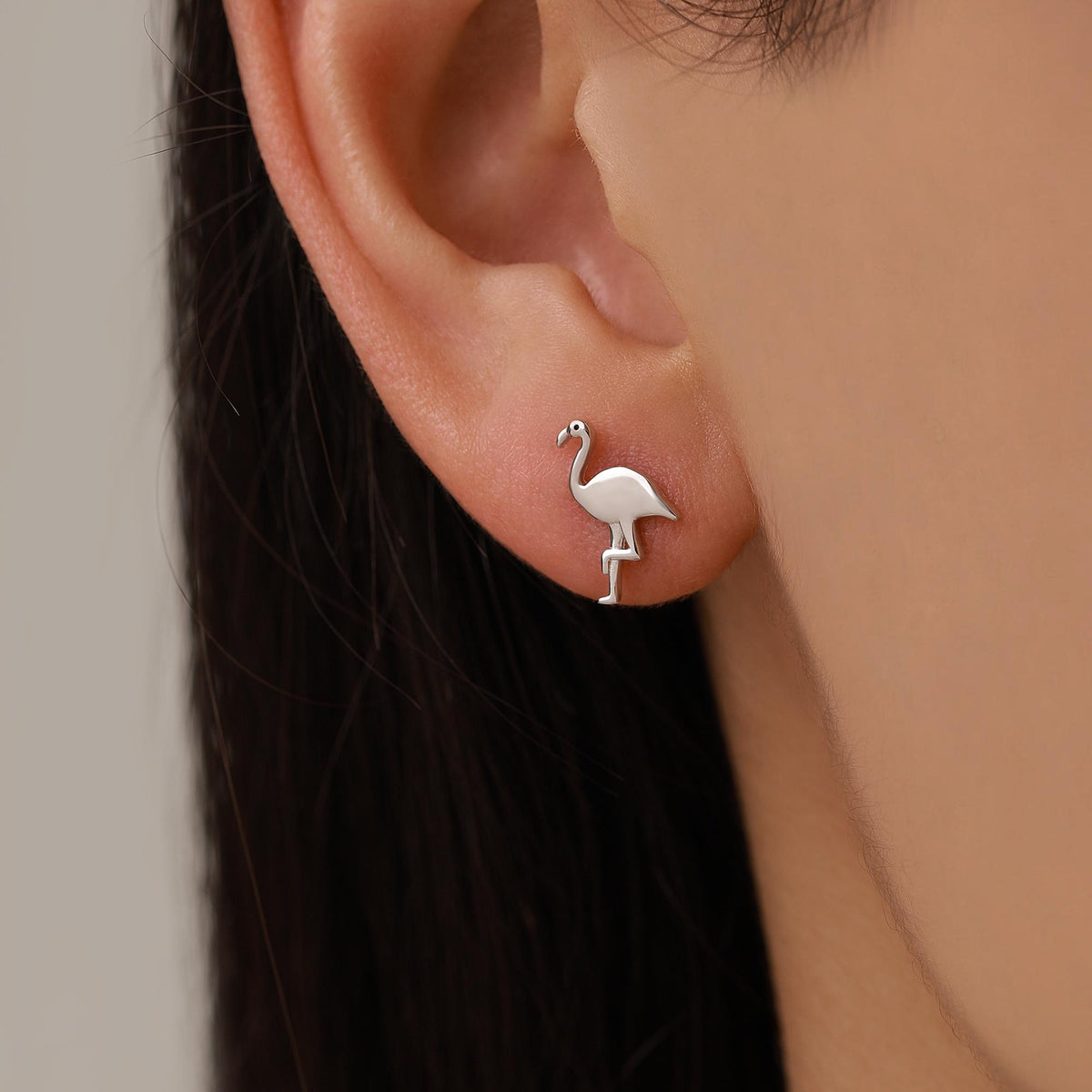 Mismatched Palm Tree and Flamingo Stud Earrings in Sterling Silver - Asymmetric Cute Stud Earrings - Nature Inspired