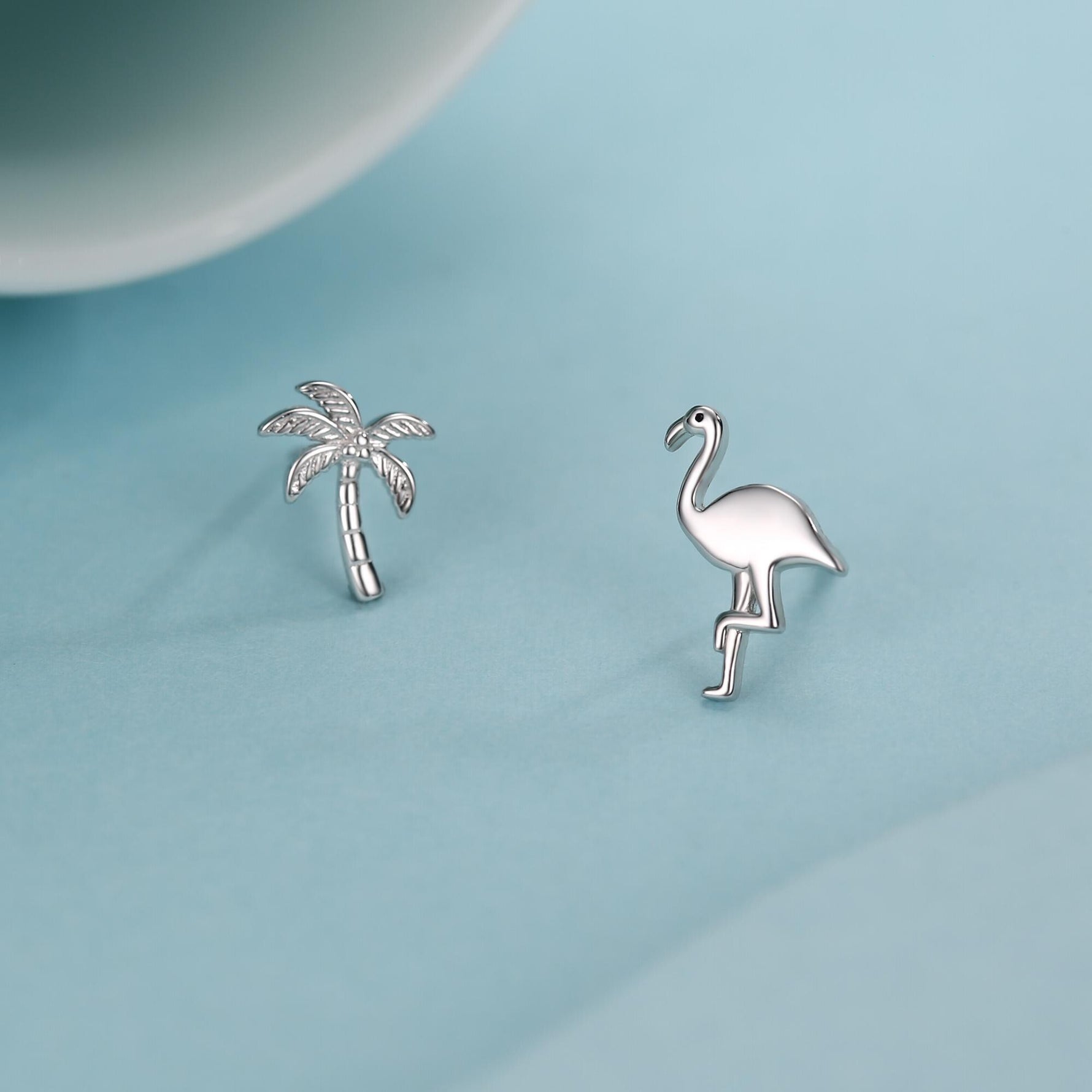 Mismatched Palm Tree and Flamingo Stud Earrings in Sterling Silver - Asymmetric Cute Stud Earrings - Nature Inspired