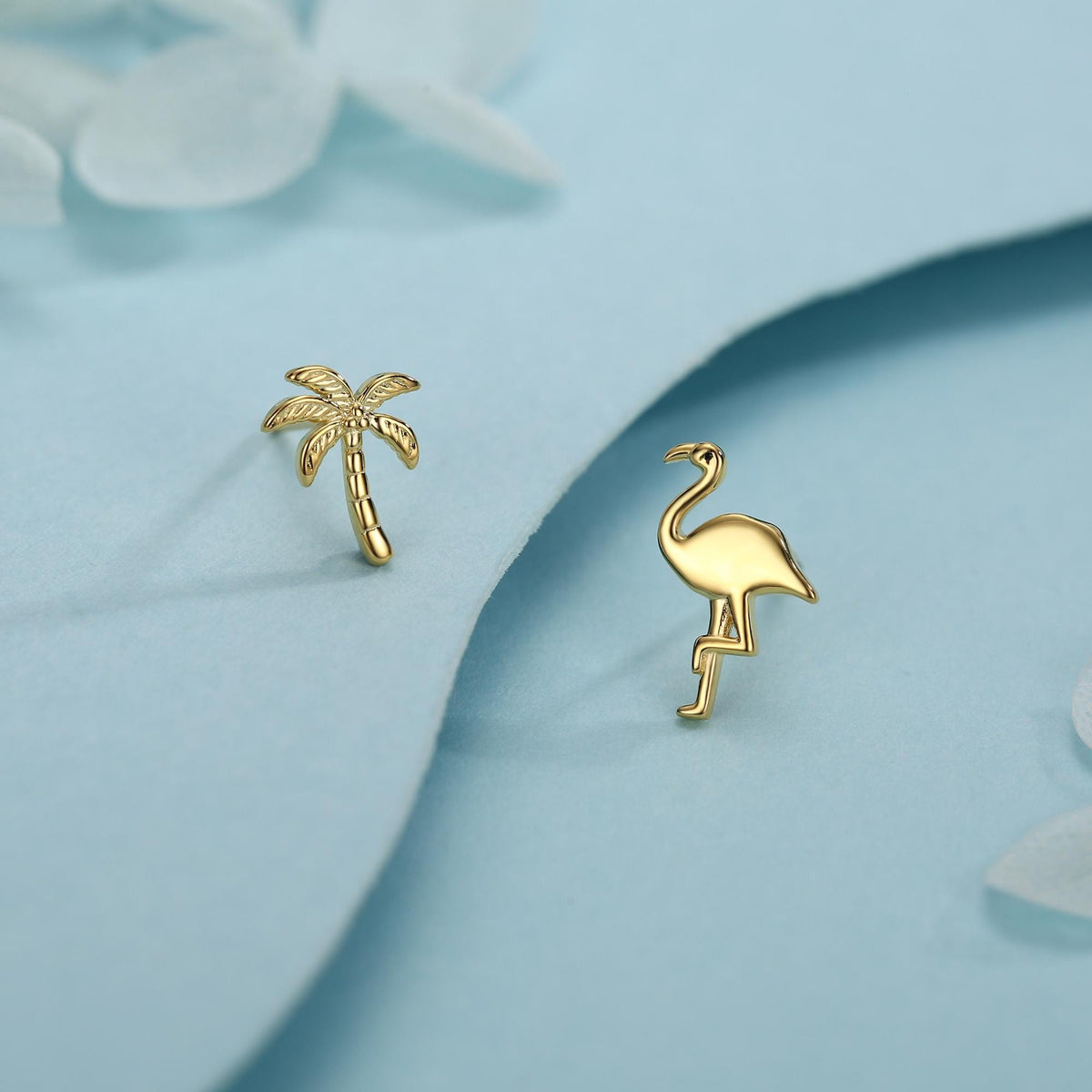 Mismatched Palm Tree and Flamingo Stud Earrings in Sterling Silver - Asymmetric Cute Stud Earrings - Nature Inspired
