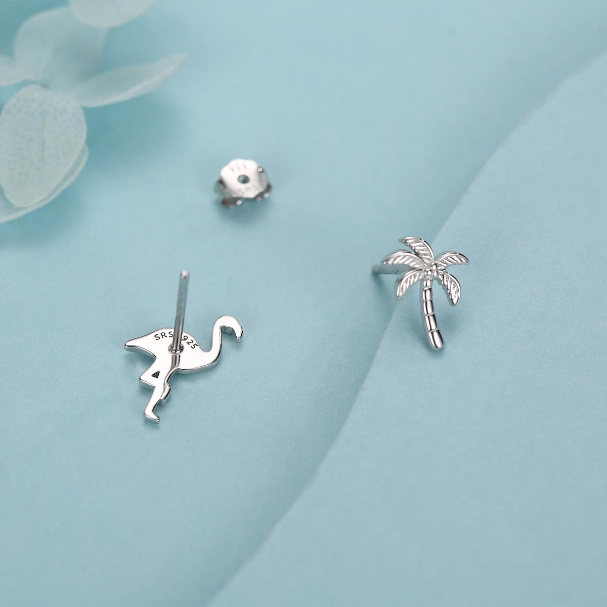 Mismatched Palm Tree and Flamingo Stud Earrings in Sterling Silver - Asymmetric Cute Stud Earrings - Nature Inspired