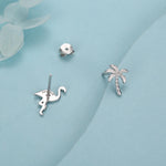 Mismatched Palm Tree and Flamingo Stud Earrings in Sterling Silver - Asymmetric Cute Stud Earrings - Nature Inspired