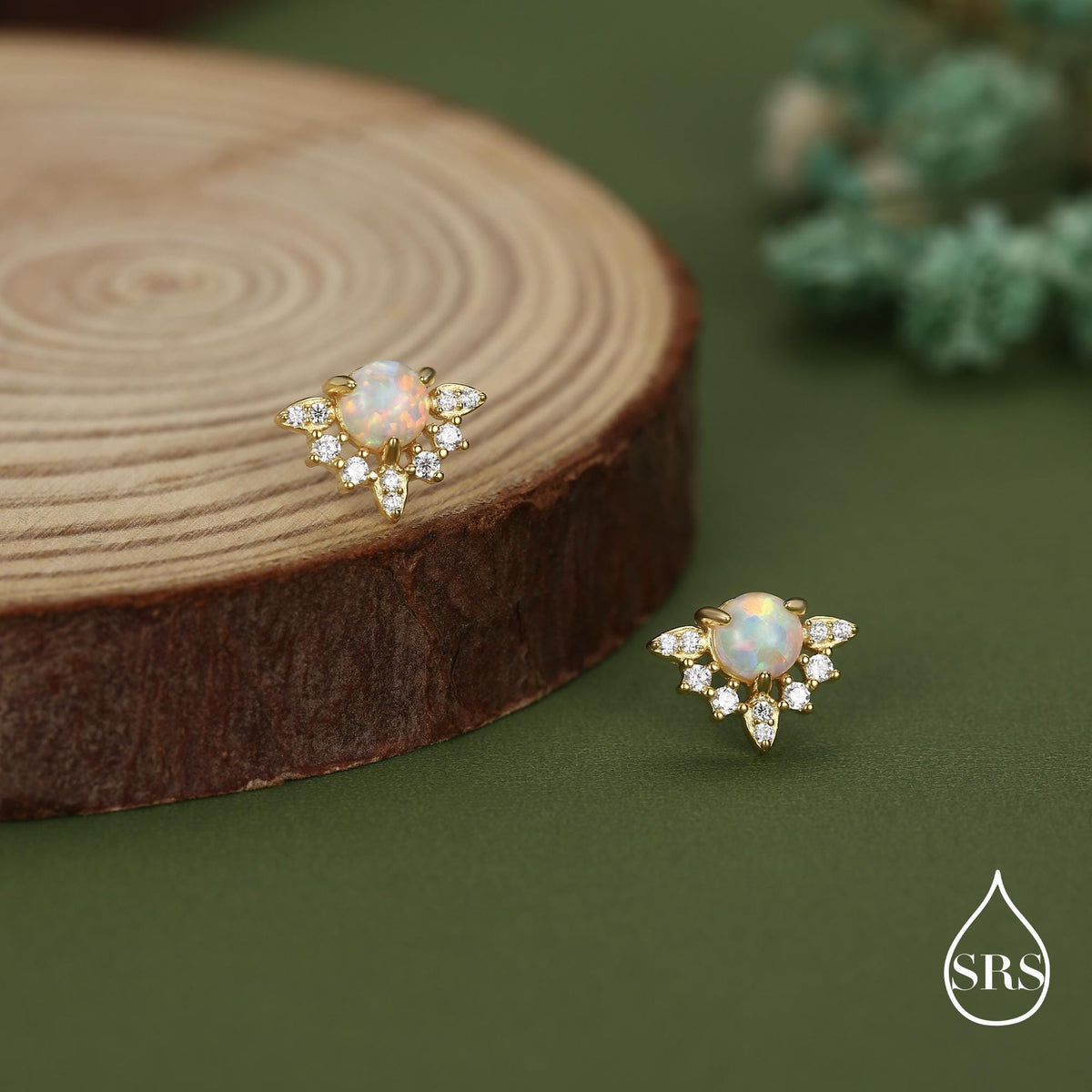 Vintage Inspired White Opal Flower CZ Stud Earrings, Lab Opal Halo CZ Earrings, Simulated Fire Opal Earrings