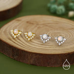 Vintage Inspired White Opal Flower CZ Stud Earrings, Lab Opal Halo CZ Earrings, Simulated Fire Opal Earrings