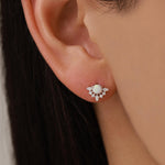 Vintage Inspired White Opal Flower CZ Stud Earrings, Lab Opal Halo CZ Earrings, Simulated Fire Opal Earrings