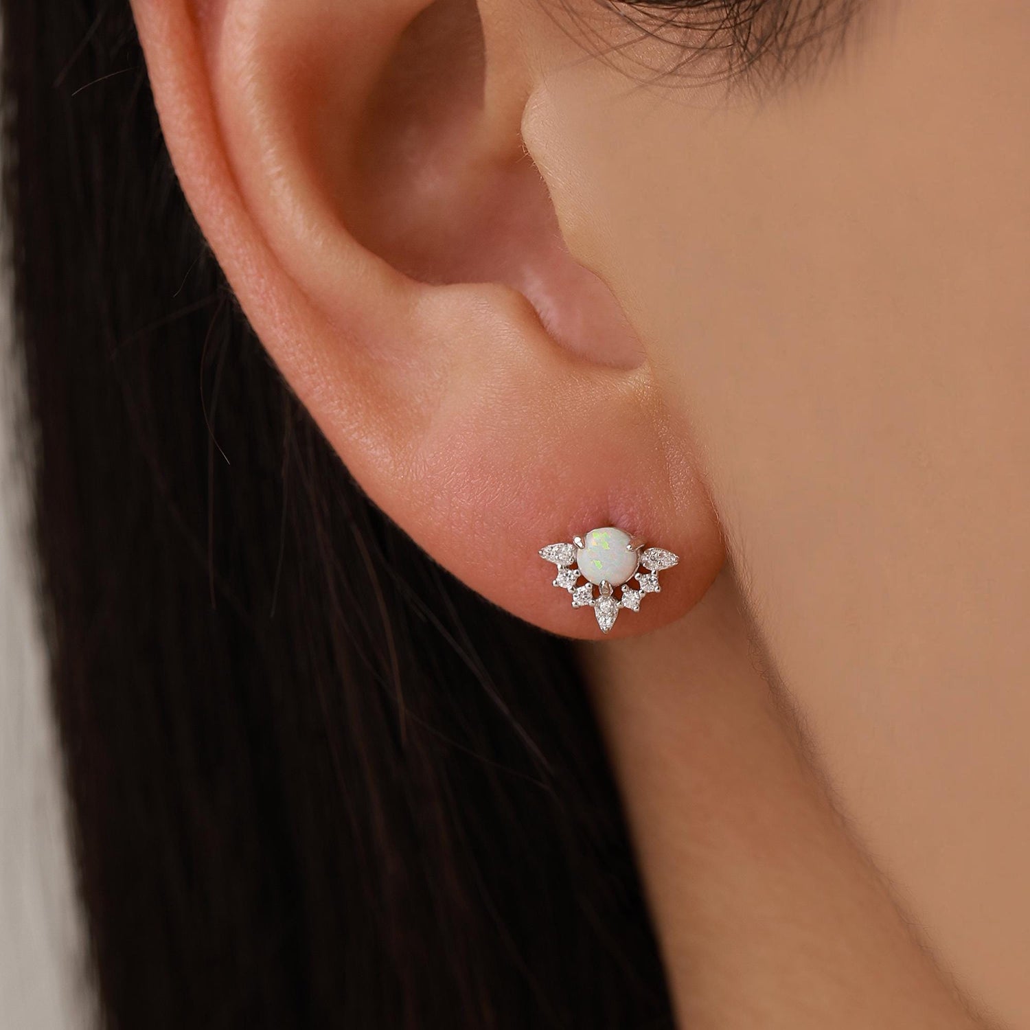 Vintage Inspired White Opal Flower CZ Stud Earrings, Lab Opal Halo CZ Earrings, Simulated Fire Opal Earrings