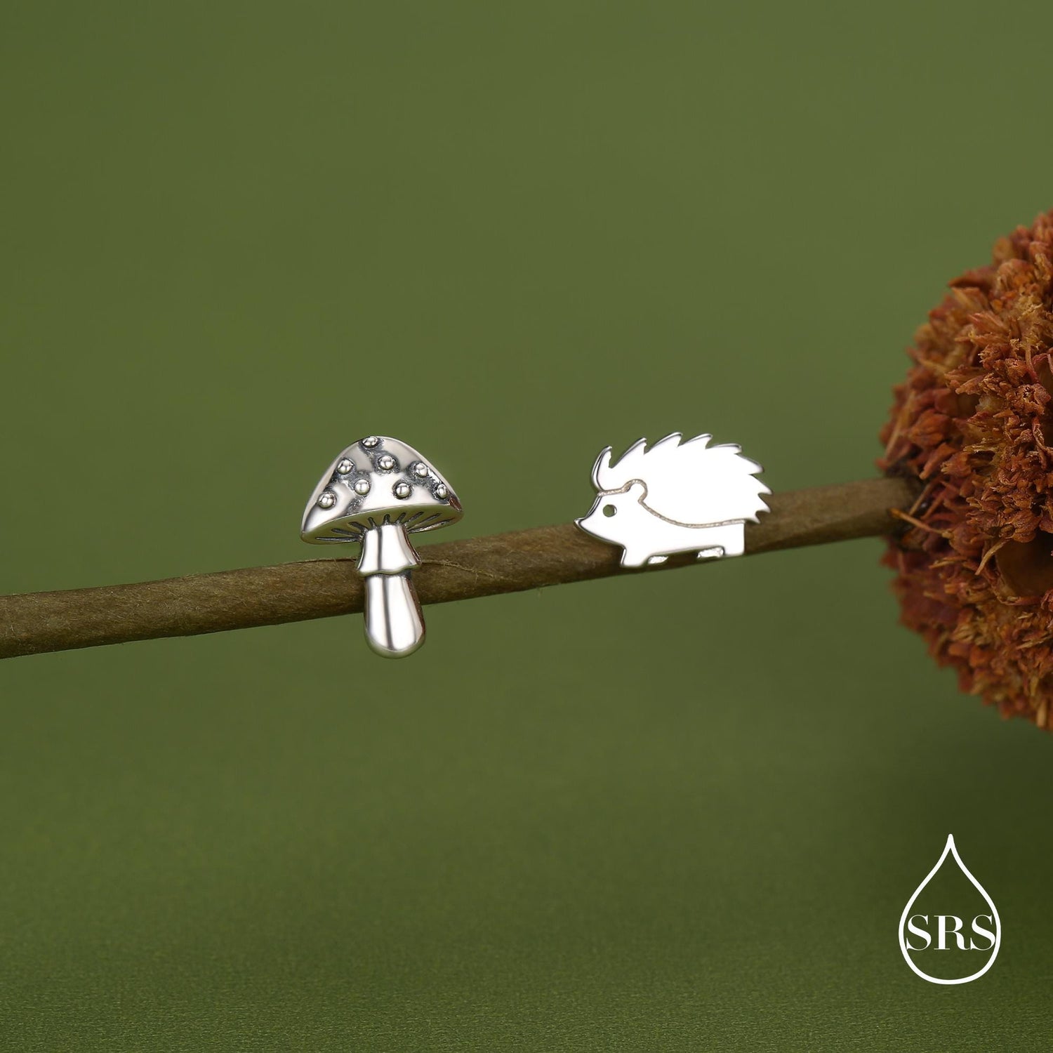 Mismatched Mushroom and Hedgehog Stud Earrings in Sterling Silver, Silver or Gold Finish, Oxidised Small Hedgehog and Mushroom Earrings
