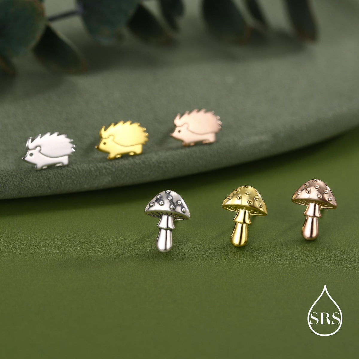 Mismatched Mushroom and Hedgehog Stud Earrings in Sterling Silver, Silver or Gold Finish, Oxidised Small Hedgehog and Mushroom Earrings