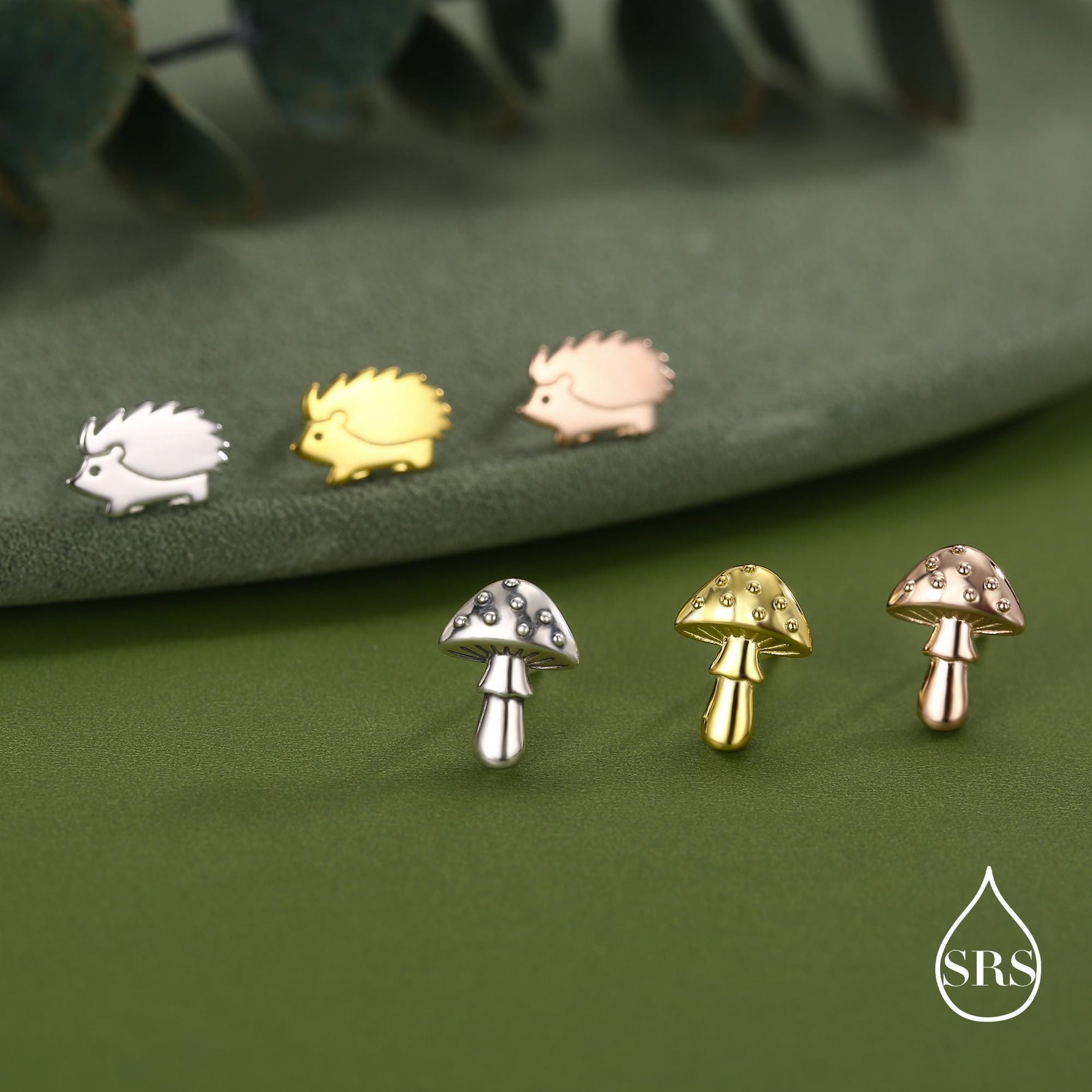 Mismatched Mushroom and Hedgehog Stud Earrings in Sterling Silver, Silver or Gold Finish, Oxidised Small Hedgehog and Mushroom Earrings