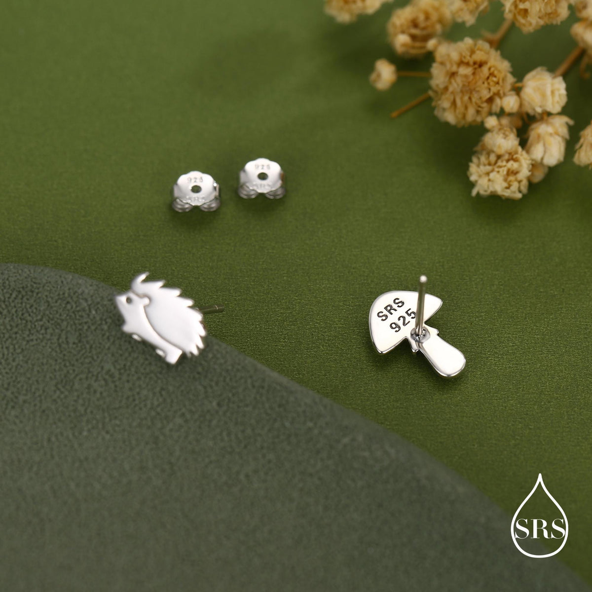 Mismatched Mushroom and Hedgehog Stud Earrings in Sterling Silver, Silver or Gold Finish, Oxidised Small Hedgehog and Mushroom Earrings