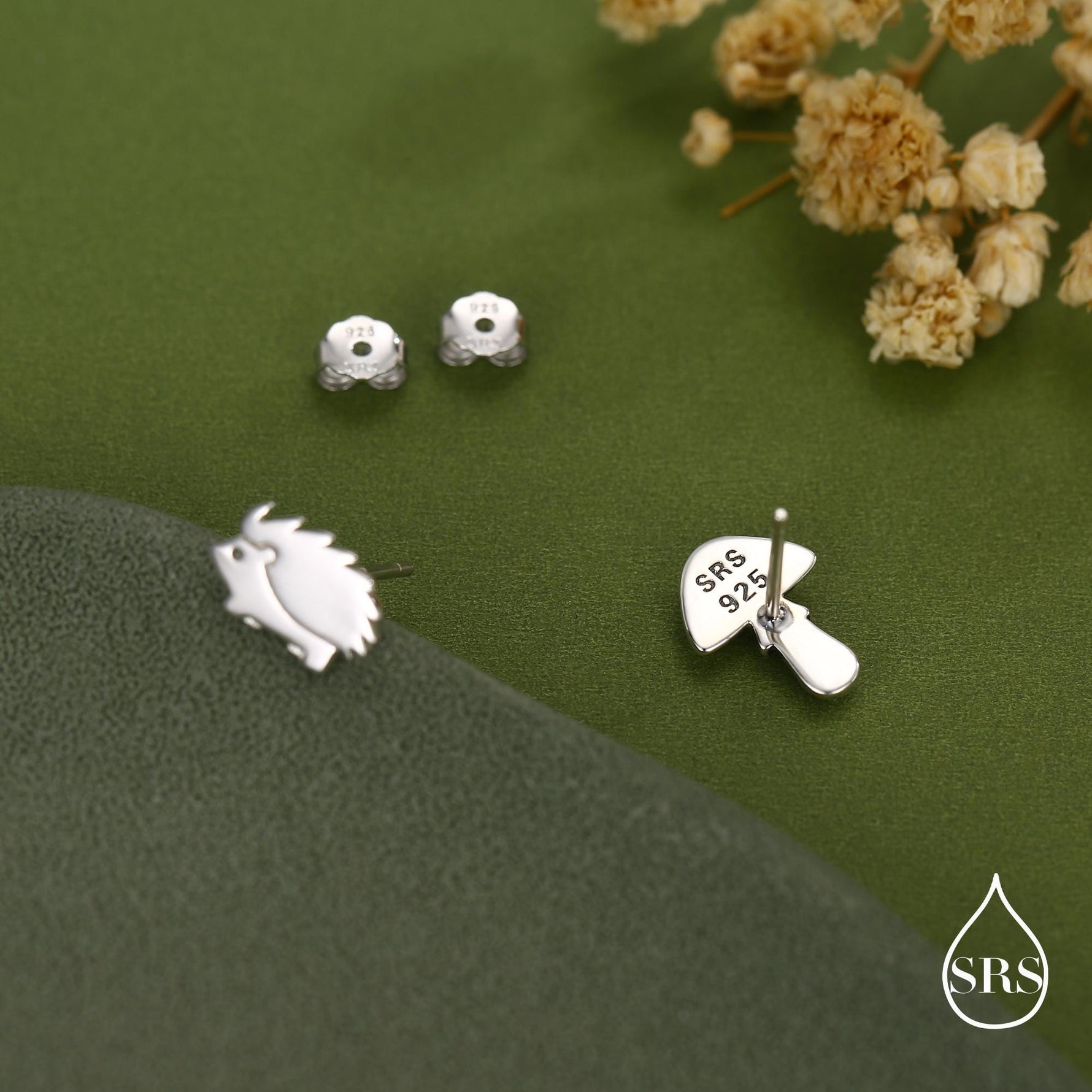 Mismatched Mushroom and Hedgehog Stud Earrings in Sterling Silver, Silver or Gold Finish, Oxidised Small Hedgehog and Mushroom Earrings