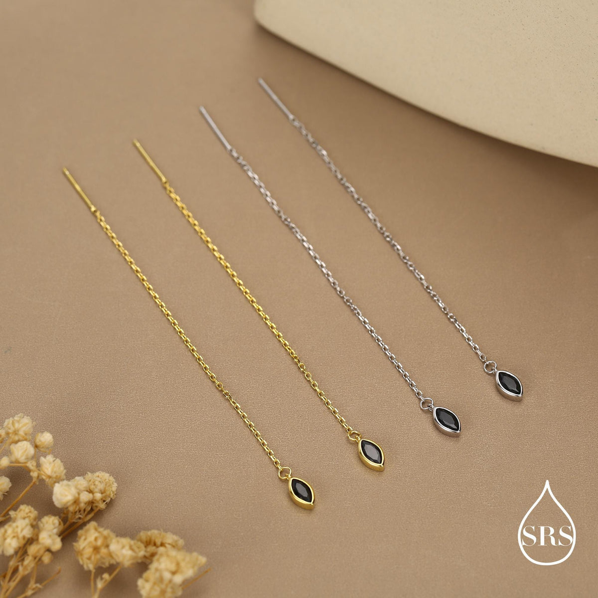 Tiny Black Marquise CZ Threader Earrings in Sterling Silver, Silver or Gold, Marquise Cut CZ Ear Threaders, Sparkly Threaders