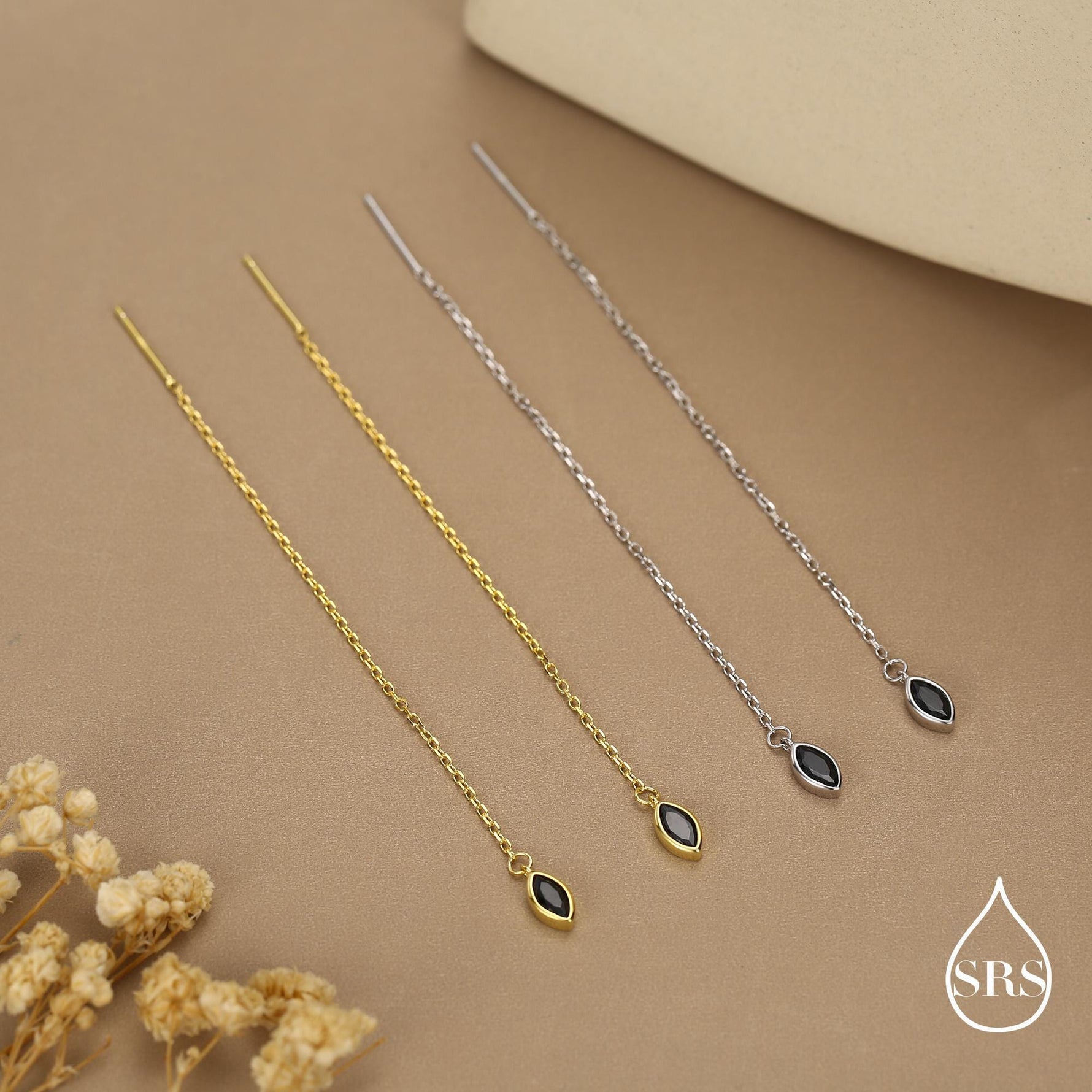 Tiny Black Marquise CZ Threader Earrings in Sterling Silver, Silver or Gold, Marquise Cut CZ Ear Threaders, Sparkly Threaders