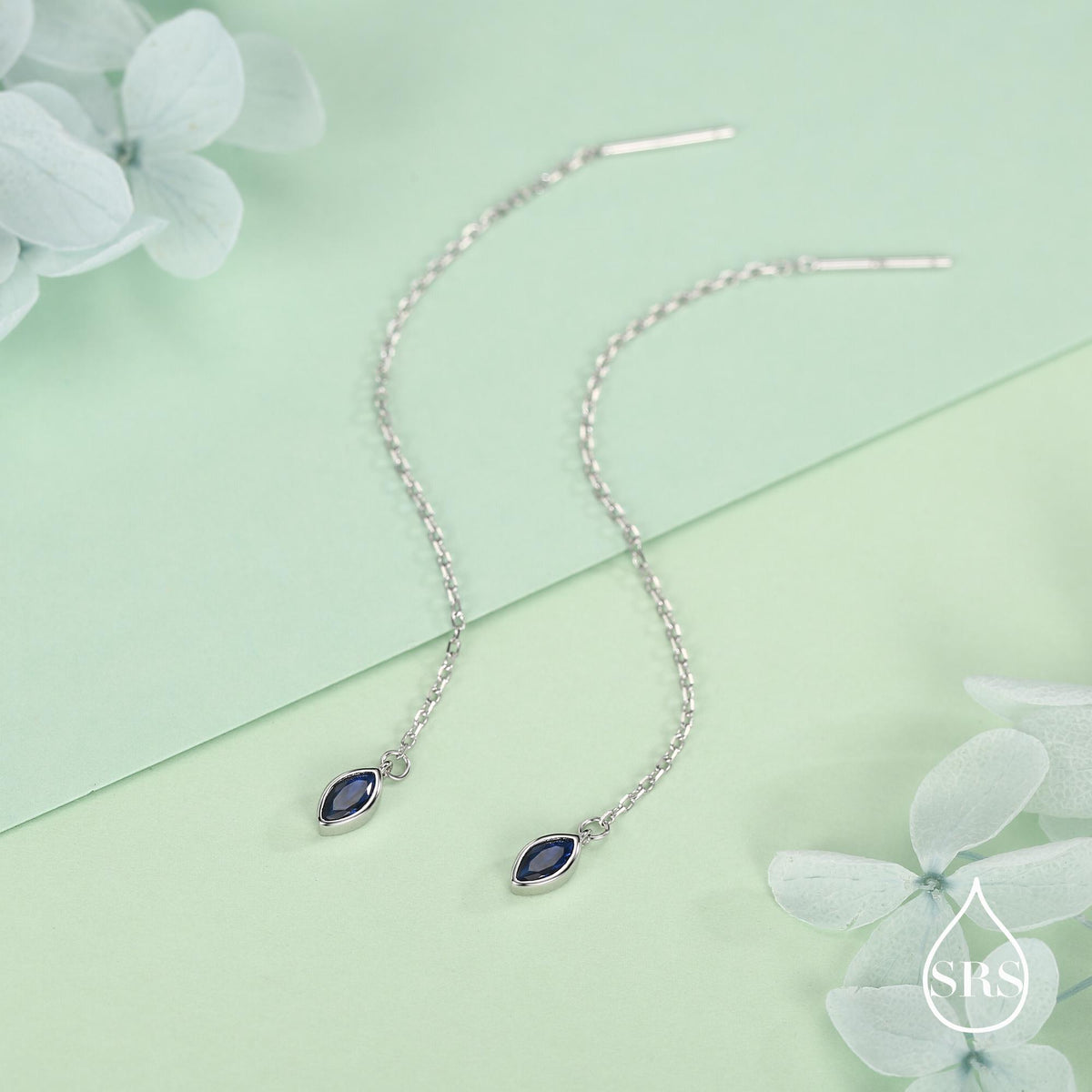 Tiny Sapphire Blue Marquise CZ Threader Earrings in Sterling Silver, Silver or Gold, Marquise Cut CZ Ear Threaders, Sparkly Threaders