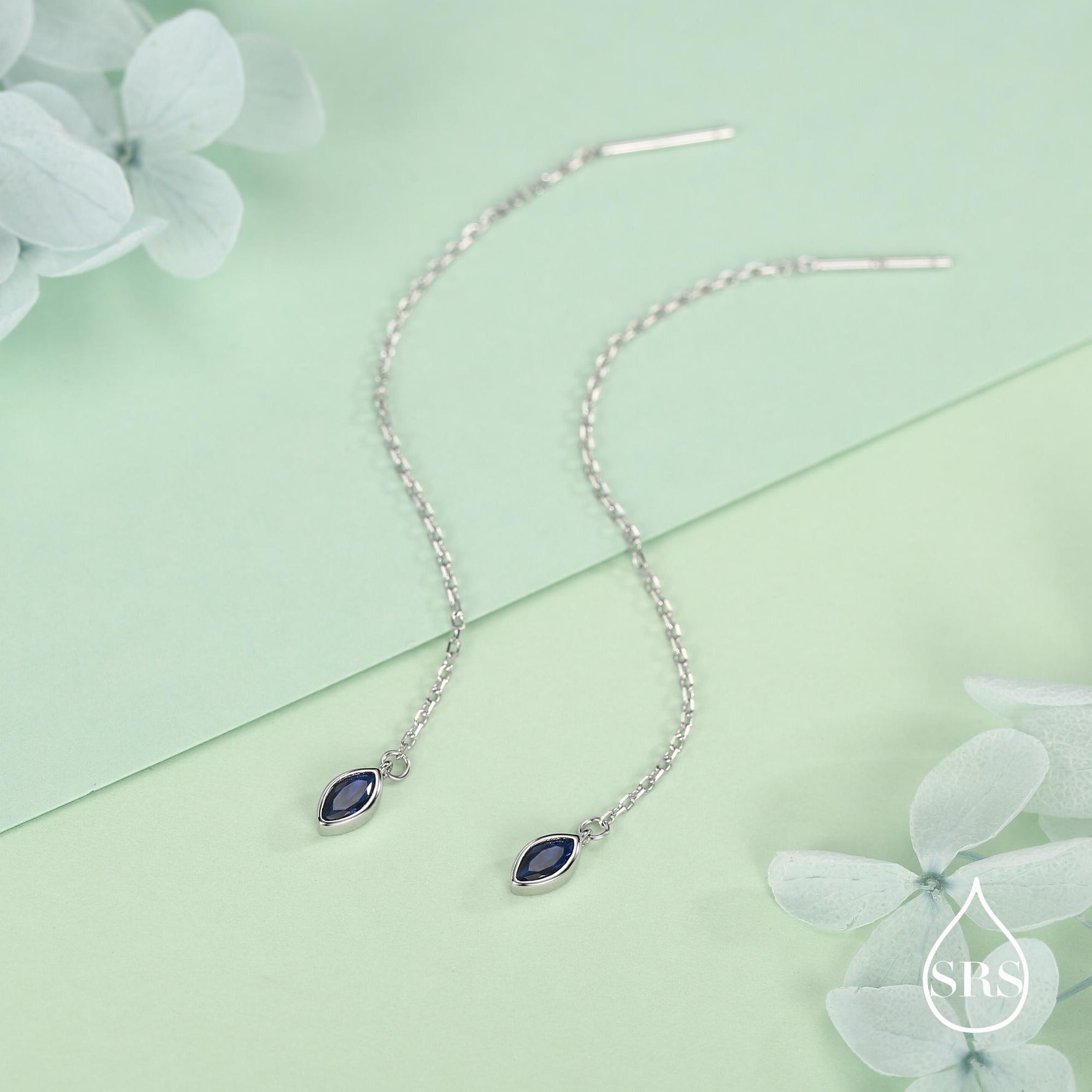 Tiny Sapphire Blue Marquise CZ Threader Earrings in Sterling Silver, Silver or Gold, Marquise Cut CZ Ear Threaders, Sparkly Threaders