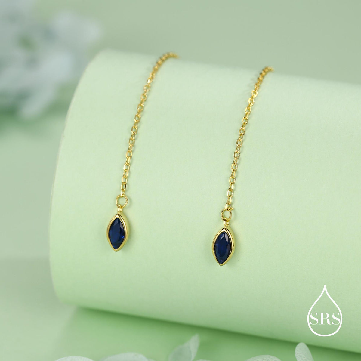 Tiny Sapphire Blue Marquise CZ Threader Earrings in Sterling Silver, Silver or Gold, Marquise Cut CZ Ear Threaders, Sparkly Threaders