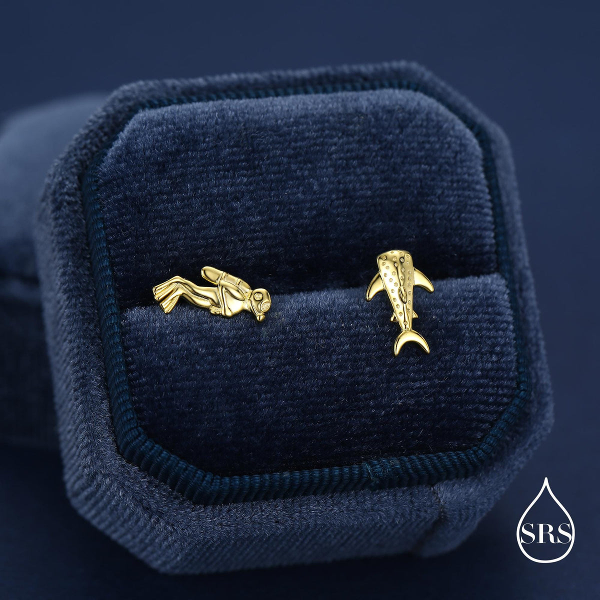 Mismatched Scuba Diver & Whale Shark Stud Earrings In Sterling Silver – Ocean Inspired Asymmetric Earrings, Minimalist Sea Life Jewellery